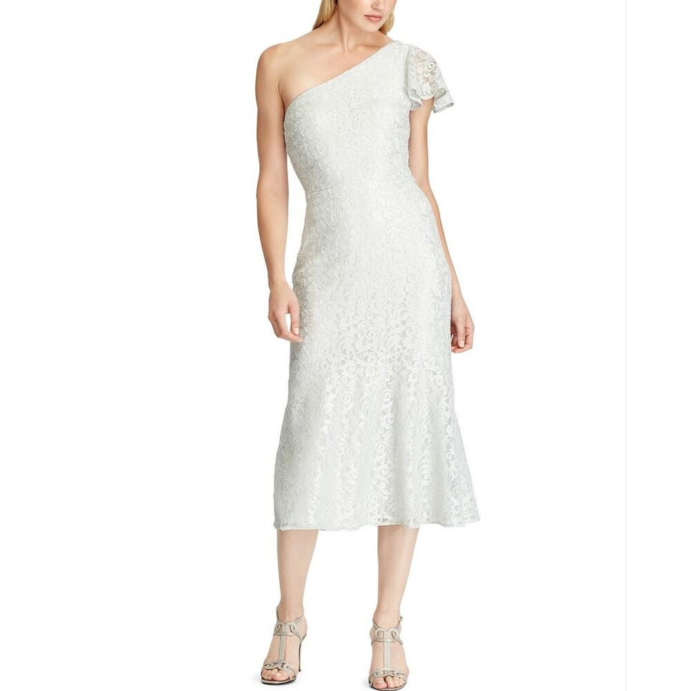 Ralph Lauren Metallic Lace One Shoulder Midi Sheath Cocktail Dress Silver Size 8